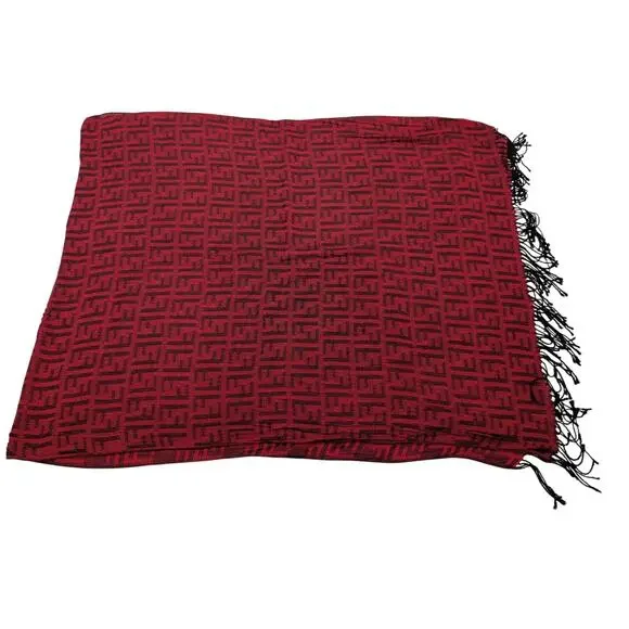 Red Black Pattern Scarf Woven Tassel Rectangular - Picture 2 of 4